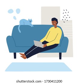 Man sitting on a couch working on a laptop. Cat lying near him. Freelance, work from home concept. Hand drawn flat vector illustration.