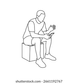 Man sitting on cube, guy working on phone, sketch of young silhouette