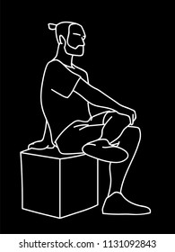 Man sitting on cube with one foot up on knee. White lines isolated on black background. Concept. Vector illustration of man with beard in simple line art style. Monochromatic hand drawn sketch. 