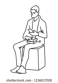 Man sitting on cube with some books looking at smartphone. Black lines on white background. Vector illustration of man searching information in simple line art style. Monochromatic hand drawn sketch. 