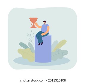 Man sitting on cylinder and holding golden cup. Winner rejoicing over victory flat vector illustration. Competition, success, leadership, prize concept for banner, website design or landing web page