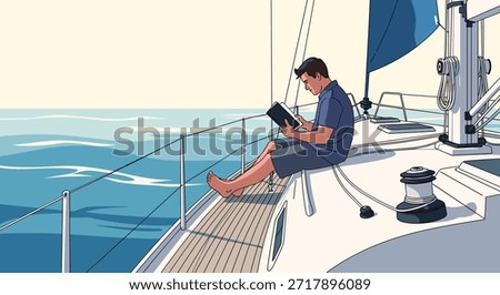 Man sitting on the deck of a sailboat and reading a book while sailing across the calm blue ocean waters.