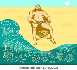 A man is sitting on a deckchair on the ocean coast. Under the water are visible seashells, jellyfish, stars, turtles and others. Vector illustration
