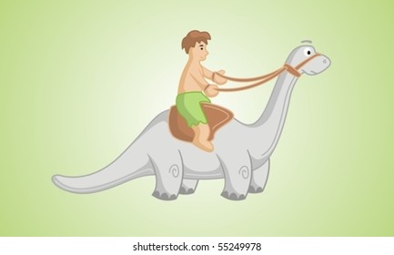 A man sitting on a dinosaur and manages them.