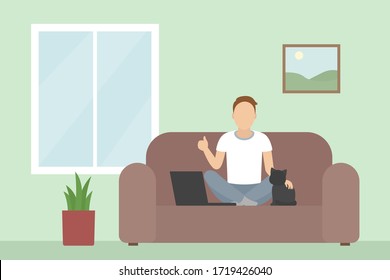 Man sitting on divan and stroking cat. Vector illustration.