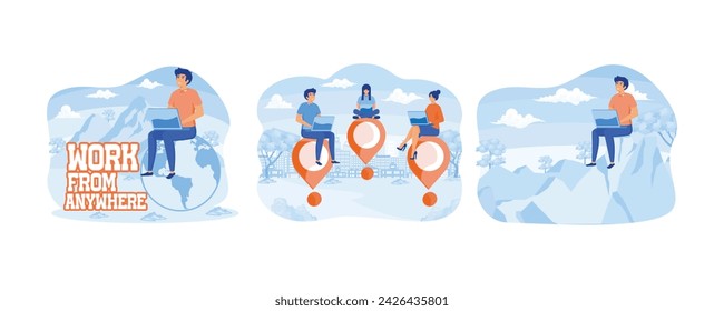 Hombre sentado en un globo terrestre trabajando en su laptop. Trabaja desde cualquier lugar. Hombre sentado con la computadora portátil haciendo trabajo independiente y disfrutando de la libertad. conjunto vector plano ilustración moderna 