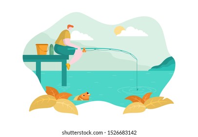 Man Sitting on Edge of Dock Fishing Sea Lake Flat Design Illustration