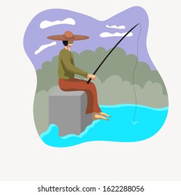 Man Sitting on Edge of Dock Fishing Sea Lake Flat Design Illustration