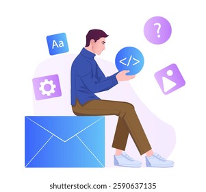 Man sitting on an email icon holding a code symbol, flat graphic style, on white background. Concept of programming and digital communication. Vector illustration