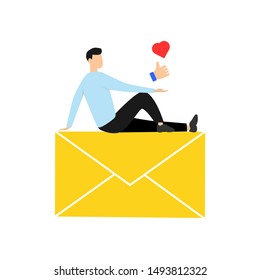 Man sitting on email sign. Flat cartoon character isolated on white background