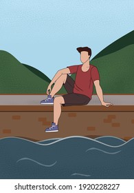 Mann, der auf dem Damm sitzt. Vektorflacher Hintergrund. Guy entspannt sich in der Nähe des Flusses. 
