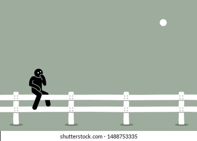 Man sitting on the fence. Vector artwork concept of undecided, indecisive, thinking, doubt, uncertain, and choosing options between two alternatives. 