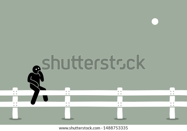 Man sitting on the fence.\
Vector artwork concept of undecided, indecisive, thinking, doubt,\
uncertain, and choosing options between two alternatives.\
