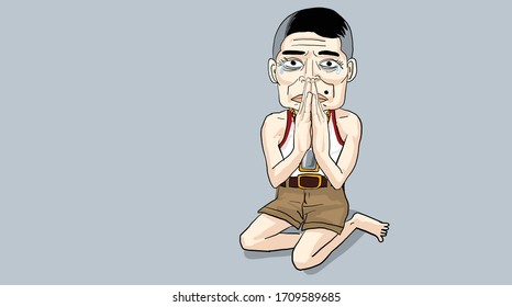 Man sitting on floor begging, man action vector