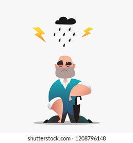 The man is sitting on the floor. Despair at work and life. Clouds and rain. The concept of psychological problems cartoon character. Vector illustration in flat style.