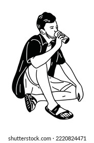 man sitting the floor drinking soft drink leisure time home lifestyle hand drawn line art illustration