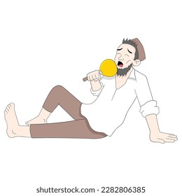 man was sitting on the floor fanning fans because of the hot temperature. vector design illustration art