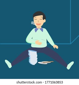 A man sitting on the floor feeling full and belching after finished eating a lot of food vector