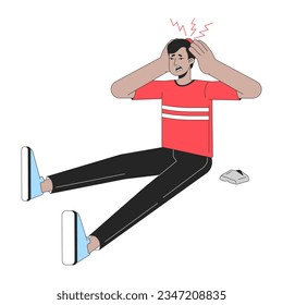 Man sitting on floor flat line color vector character. Editable outline full body boy with head injury from rock on white. Simple cartoon spot illustration for web graphic design