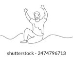 A man sitting on the floor with his hands raised in surrender continuous line art vector illustration