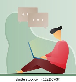 A man sitting on floor with his mobile laptop to networking. Freelancer add text to flat graphic. Social media post finding information, job. Talk to us as we can help you. Pastel green tone. - Vector