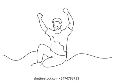 A man sitting on the floor with his hands raised in surrender continuous line art vector illustration