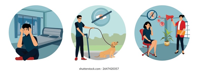 Man sitting on the floor of his room, overwhelmed by stress due to sleep disturbance and worry. A visually impaired man using a cane walks a guide dog. Two women interacting using a megaphone.