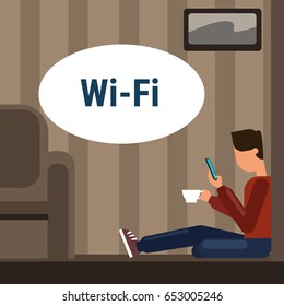 Man Sitting On Floor At Home Use Cell Smart Phone Internet Through Wifi Wireless Online Connection Vector Illustration