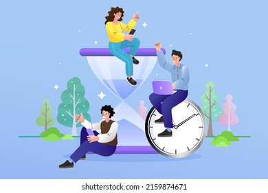 Man sitting on floor with huge hourglass. good time management. businessman hurrying up to complete tasks. Deadline, project time limit, task due dates. appointment concept. vector illustration.