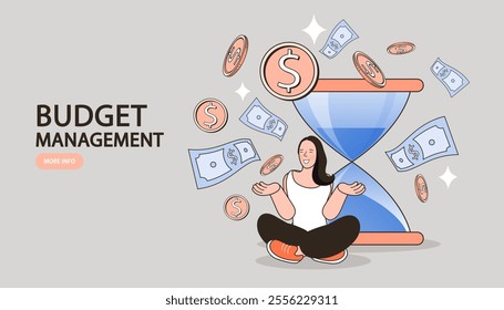 Man sitting on floor with huge hourglass. good time management. businessman hurrying up to complete tasks. Deadline, project time limit, task due dates. appointment concept. vector illustration.