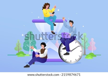 Man sitting on floor with huge hourglass. good time management. businessman hurrying up to complete tasks. Deadline, project time limit, task due dates. appointment concept. vector illustration.