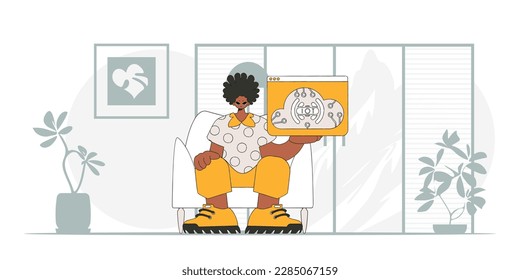 A man sitting on the floor with an IoT logo, vectorized in a contemporary style.