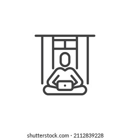 Man sitting on a floor with laptop computer line icon. linear style sign for mobile concept and web design. Freelancer working outline vector icon. Symbol, logo illustration. Vector graphics