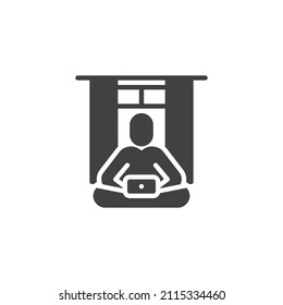 Man sitting on a floor with laptop computer vector icon. filled flat sign for mobile concept and web design. Freelancer working glyph icon. Symbol, logo illustration. Vector graphics