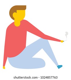 A man sitting on the floor looking up while holding a cigarette in his left hand, flat vector icon 