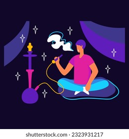 Man sitting on floor in lotus position, holding pipe and smoking in bar. Vapor party. Lounge club, traditional oriental leisure. Flat vector illustration in purple and pink colors