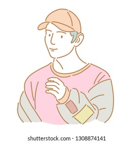 A man is sitting on the floor with one hand and chin is joyful imagining. hand drawn style vector design illustrations.