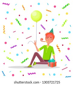 Man sitting on floor with party horn in mouth, in festive hat vector on backdrop of tassels and confetti. Male with balloon and gift box celebrate birthday