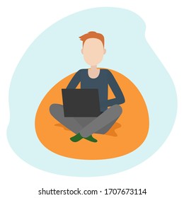 Man sitting on floor pillow and working on laptop. Teleworking. Vector illustration.
