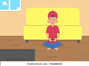 Man sitting on floor playing video games, game console use joystick at home, Vector illustration flat design style