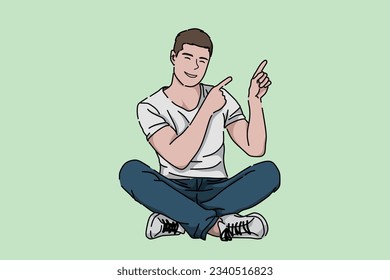 Man sitting on the floor pointing at something. Flat image