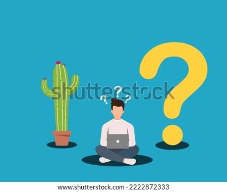 Man sitting on the floor with question marks on the side The concept of work must always have problems to be solved.
