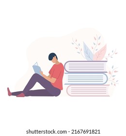Man sitting on the floor and reading a book. Vector and Illustration.