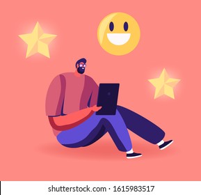 Man Sitting on Floor with Tablet in Hands Put Rating Stars and Giving Thanks in Social Media Networks. Follower Express Satisfaction in Internet, Mobile Communication. Cartoon Flat Vector Illustration