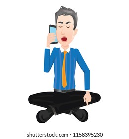 Man sitting on the floor talking on his smartphone mobile phone yoga pose business talk