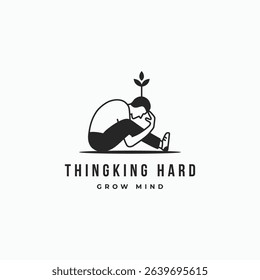 Man sitting on the floor thinking hard trying to understand and looking for the answers with grow plant leaf logo design. Growth mindset process symbol logo vector illustration