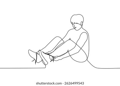 homem sentado no chão amarrando cadarços - um vetor de arte de linha. conceito de problemas de amarração de cadarço, apraxia ou distúrbios de dispraxia. Vetor artesanal não AI