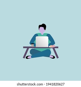 The man sitting on the floor and typing on keyboard of computer .Covid and teenager.