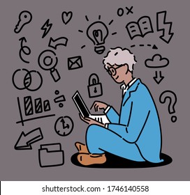 A man is sitting on the floor and using a laptop. Line icon doodles are decorated around the man. hand drawn style vector design illustrations. 