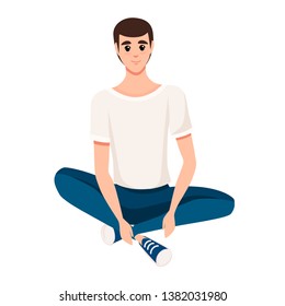 Man sitting on floor. Man in white t-shirt and blue pants. Cartoon character design. Flat vector illustration isolated on white background.